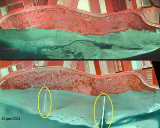 Figure 2. LEFT: Situation 1998 and 2004 (1 year after completion). Situation 1998 (up) shows the remains of the flooded 17th century village. Situation 2004 (down) shows the groynes and the sedimentation that already took place after one year. 