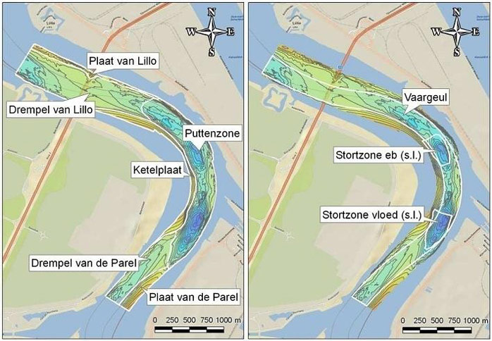 Figure 2. Study area: navigation channel near Ketelplaat with two deep relocation areas (northern site or low tide site ‘Stortzone eb’ and southern site or high tide site ‘stortzone vloed’). The navigation channel that is studied is limited in the north by the ‘Plaat van Lillo’ and in the south by the ‘Drempel van de Parel’. (IMDC 2011)