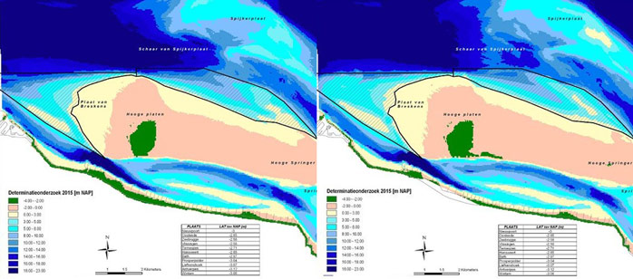 Figure 6. Location relocation area Hooge Platen North and West (left), bathymetry relocation area in 2015 (right) (Plancke et al. 2008)