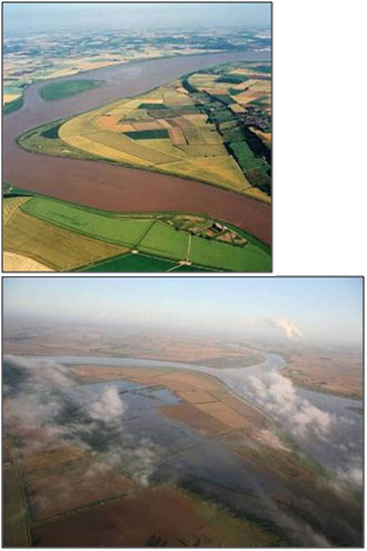 Figure 2: Aerial photograph of project area (left) prior to scheme and (right) after breaches