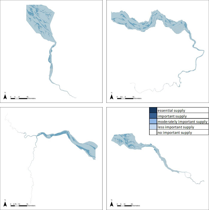 Figure 12: Provision of food in the Weser, Scheldt, Humber and Elbe estuary, based on average habitat-specific supply scores per salinity zone, and involving local and site-specific scientific expertise.
