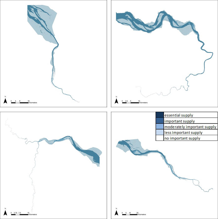 Figure 13: Provision of water for industrial use in the Weser, Scheldt, Humber and Elbe estuary based on average habitat-specific supply scores per salinity zone, and involving local and site-specific scientific expertise.
