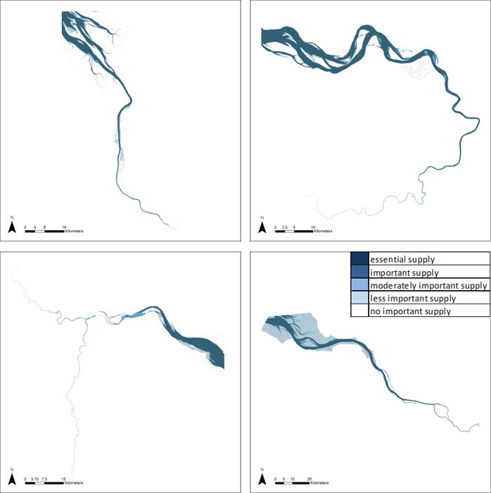 Figure 14: Provision of water for navigation in the Weser, Scheldt, Humber and Elbe estuary based on average habitat-specific supply scores per salinity zone, and involving local and site-specific scientific expertise.