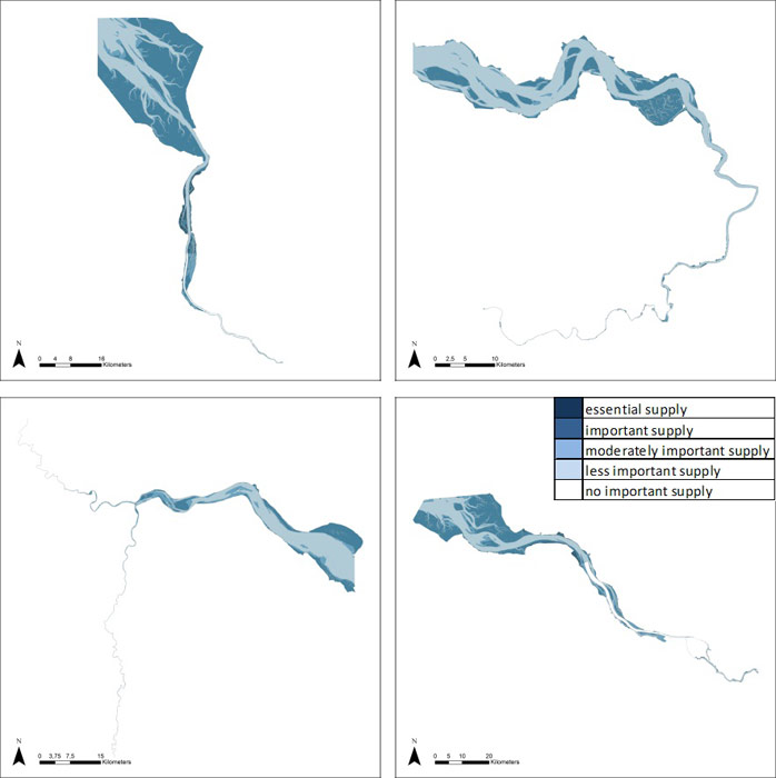Figure 15: Carbon sequestration and burial in the Weser, Scheldt, Humber and Elbe estuary based on average habitat-specific supply scores per salinity zone, and involving local and site-specific scientific expertise.