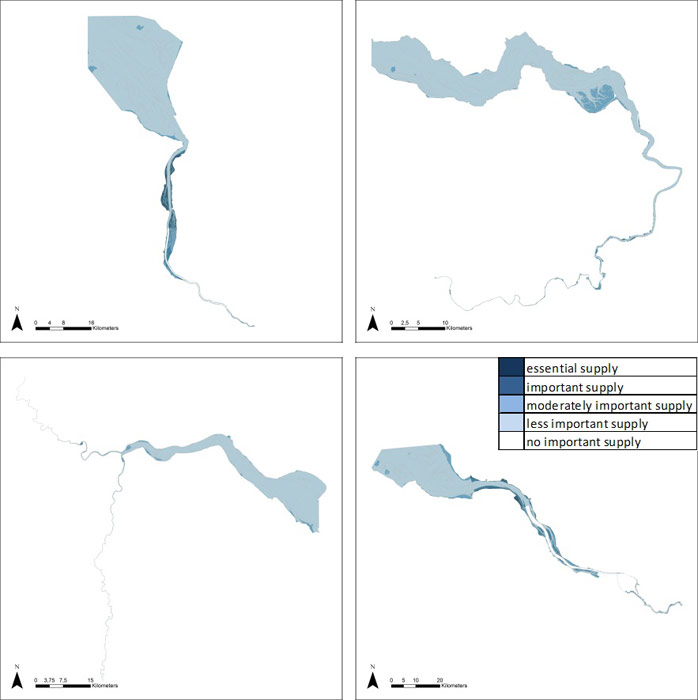 Figure 16: Flood water storage in the Weser, Scheldt, Humber and Elbe estuary based on average habitat-specific supply scores per salinity zone, and involving local and site-specific scientific expertise.