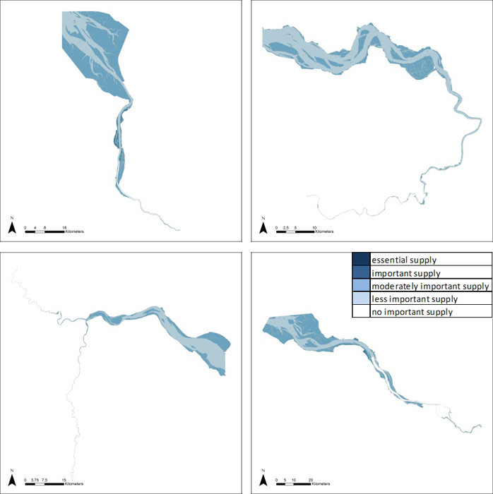 Figure 17: Water current reduction in the Weser, Scheldt, Humber and Elbe estuary based on average habitat-specific supply scores per salinity zone, and involving local and site-specific scientific expertise.
