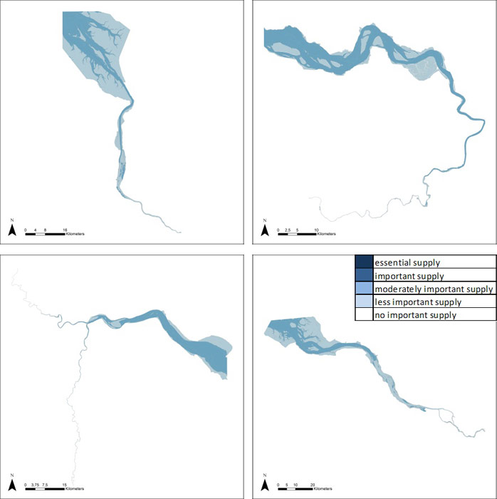 Figure 19: Drainage of river water in the Weser, Scheldt, Humber and Elbe estuary based on average habitat-specific supply scores per salinity zone, and involving local and site-specific scientific expertise.