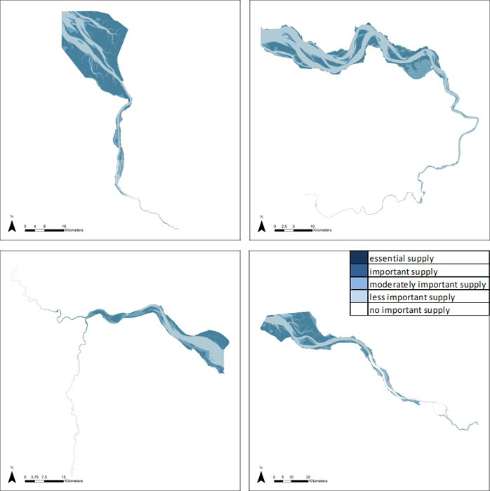 Figure 20: Dissipation of tidal and river energy in the Weser, Scheldt, Humber and Elbe estuary based on average habitat-specific supply scores per salinity zone, and involving local and site-specific scientific expertise.