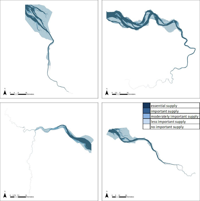 Figure 22 Water quantity regulation for navigation in the Weser, Scheldt, Humber and Elbe estuary based on average habitat-specific supply scores per salinity zone, and involving local and site-specific scientific expertise.