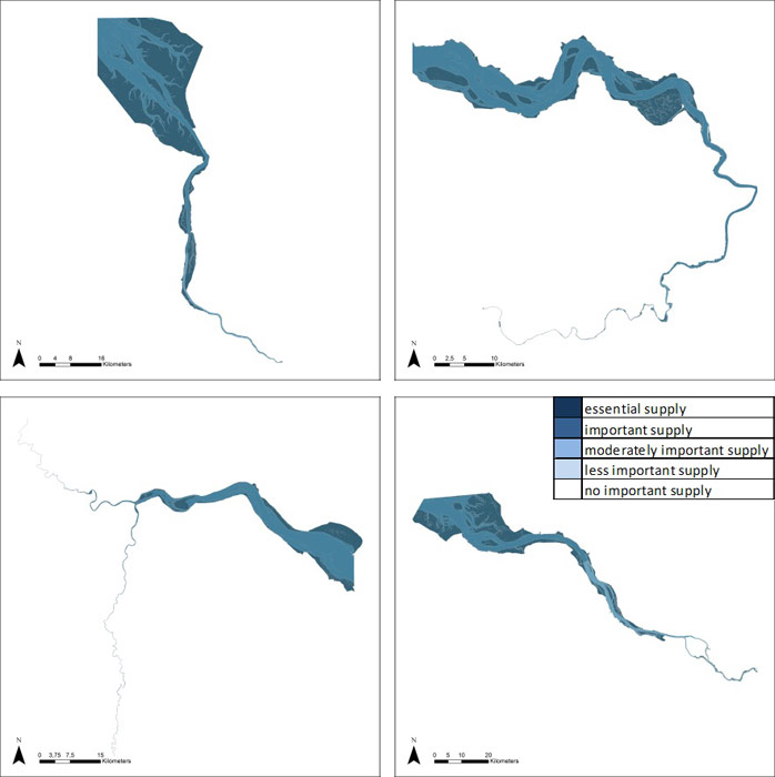 Figure 25: Erosion and sedimentation regulation by water bodies in the Weser, Scheldt, Humber and Elbe estuary, based on average habitat-specific supply scores per salinity zone, and involving local and site-specific scientific expertise.