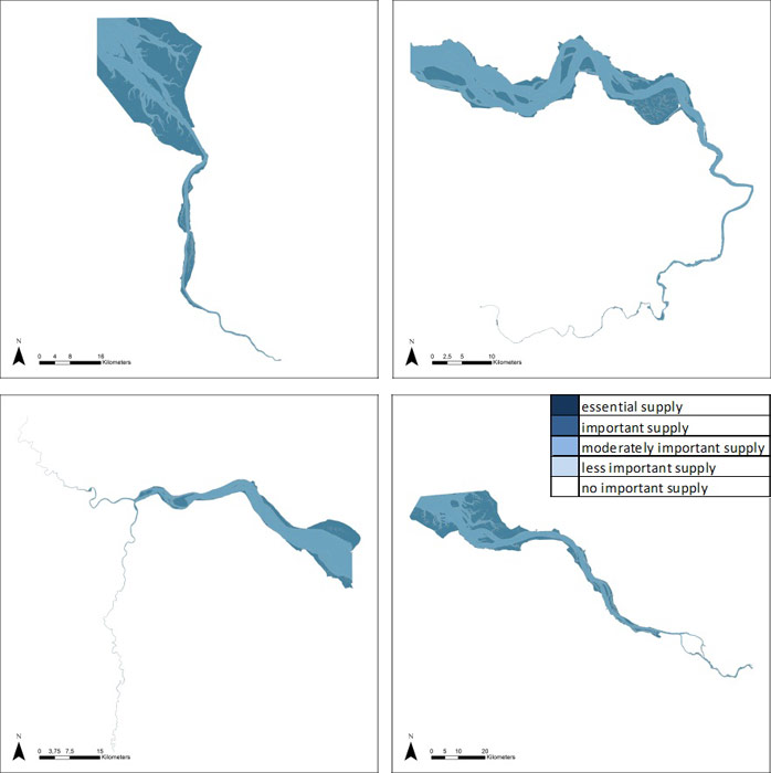 Figure 26: Erosion and sedimentation regulation by biological mediation in the Weser, Scheldt, Humber and Elbe estuary, based on average habitat-specific supply scores per salinity zone, and involving local and site-specific scientific expertise.