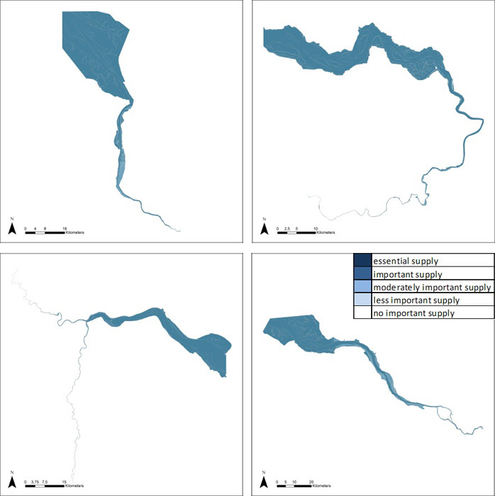 Figure 27: Supporting / habitat services (“biodiversity”) in the Weser, Scheldt, Humber and Elbe estuary, based on average habitat-specific supply scores per salinity zone, and involving local and site-specific scientific expertise.