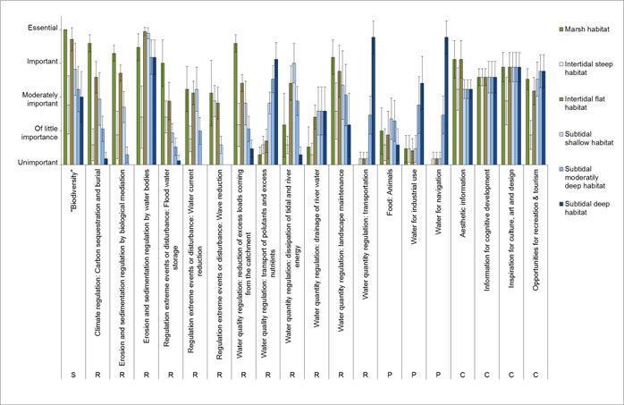 Figure 4: Scoring of habitat supply of ecosystem services. Scoring axis interpreted as “this habitat is … for delivery of ES x”. Error bars show standard deviation over all estuaries and zones. Service categories are indicated (P=provisioning, R=regulating, C=cultural, S=Supporting/Habitat)