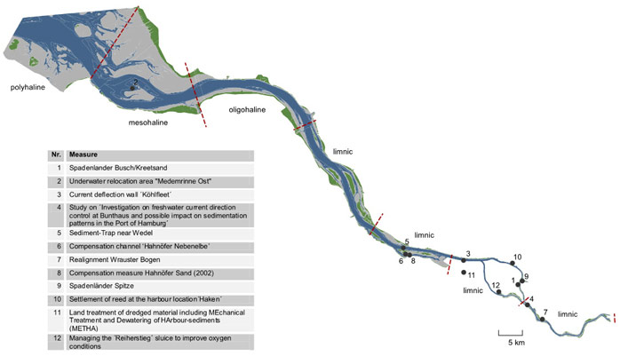 Figure 23: Locations and titles of management measures collected according to the Elbe estuary with indication estuary zones (limnic, oligohaline, mesohaline, polyhaline)